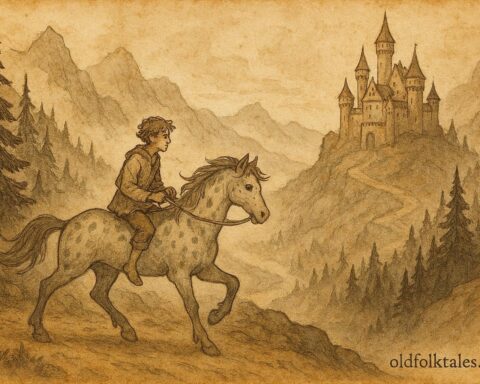 Parchment-style illustration of Dapplegrim guiding a youth, Norwegian folktale scene.