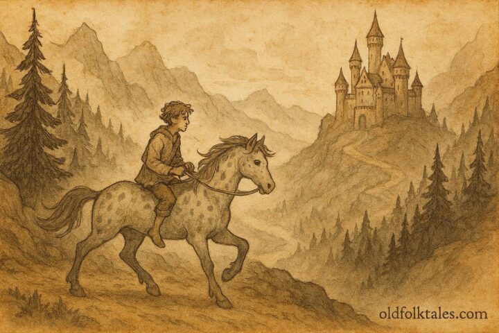 Parchment-style illustration of Dapplegrim guiding a youth, Norwegian folktale scene.