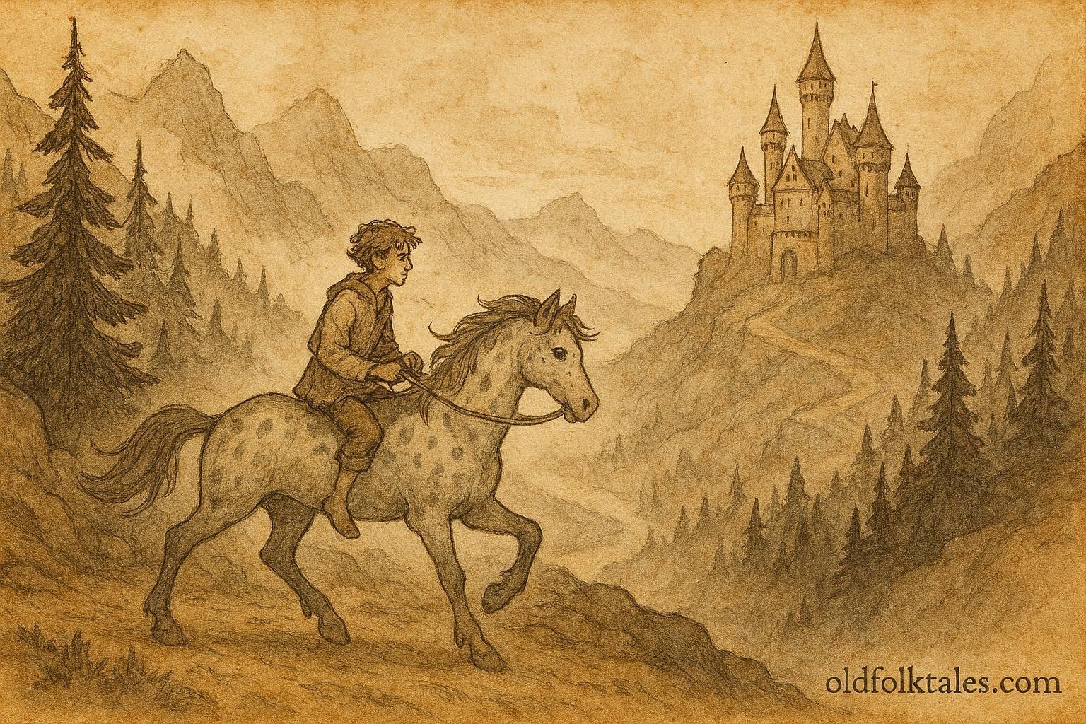 Parchment-style illustration of Dapplegrim guiding a youth, Norwegian folktale scene.