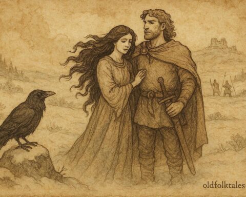 An art of Deirdre and Naoise in snowy Ulster, Irish legend.