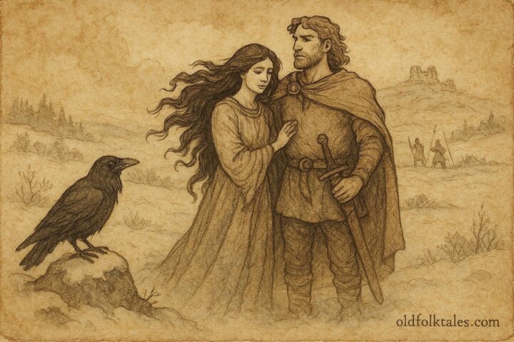 An art of Deirdre and Naoise in snowy Ulster, Irish legend.