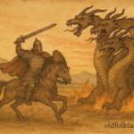 An illustration of Dobrynya fighting three-headed dragon, Russian epic scene.