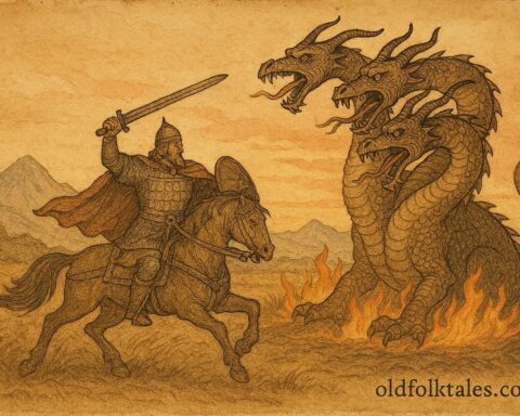 An illustration of Dobrynya fighting three-headed dragon, Russian epic scene.