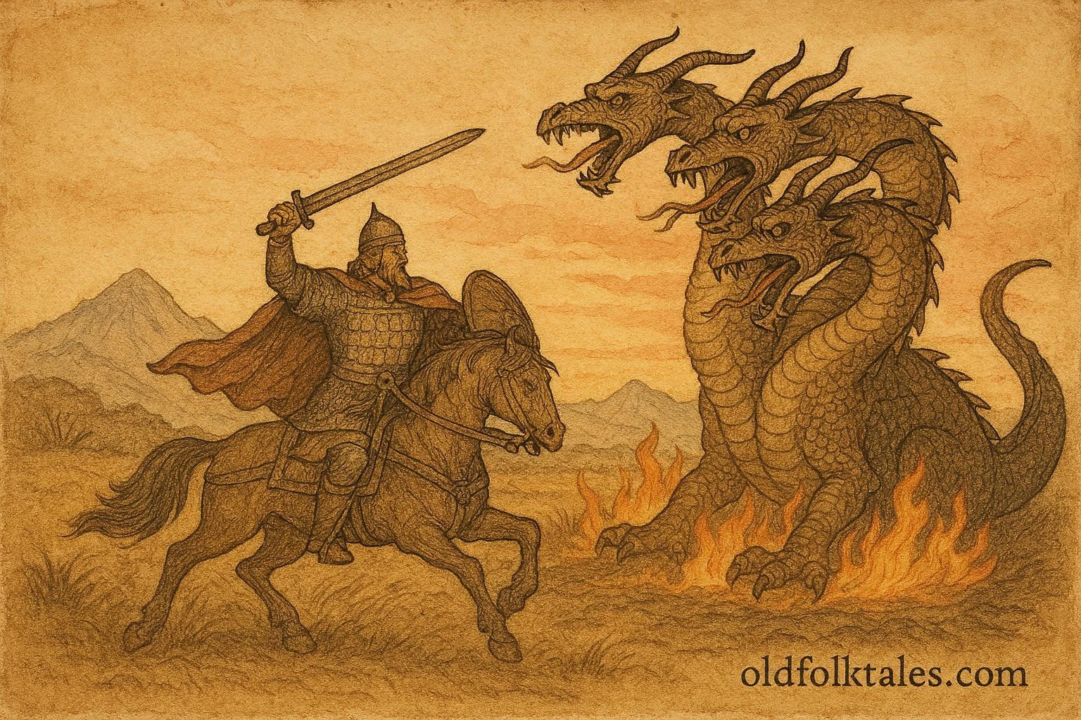 An illustration of Dobrynya fighting three-headed dragon, Russian epic scene.
