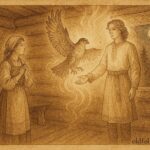 An illustration of Russian maiden and falcon prince in moonlit chamber.