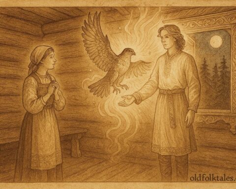An illustration of Russian maiden and falcon prince in moonlit chamber.