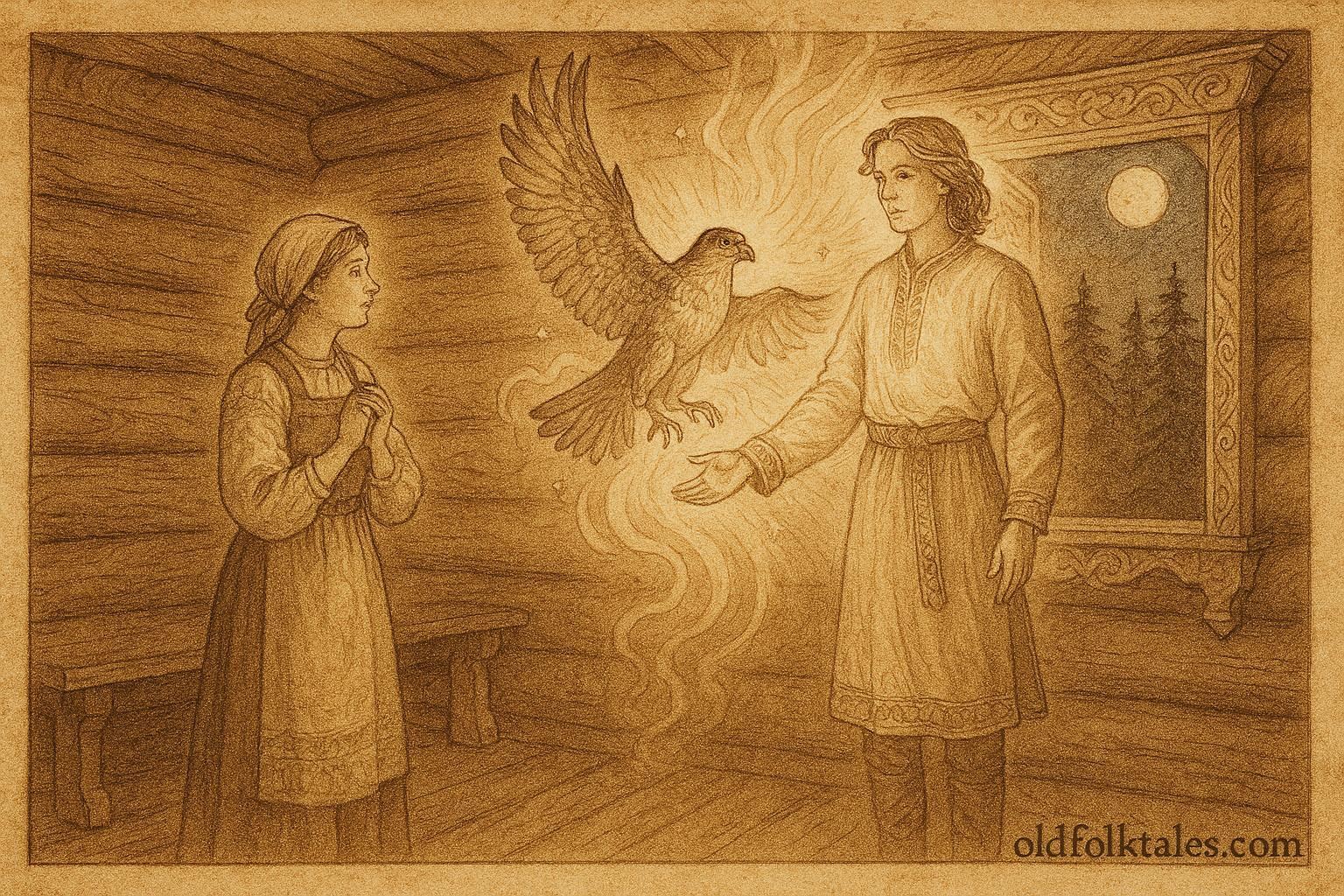 An illustration of Russian maiden and falcon prince in moonlit chamber.