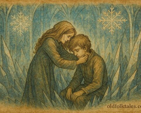Parchment-style artwork of Gerda rescuing Kay in the Snow Queen’s palace, Danish folktale scene.