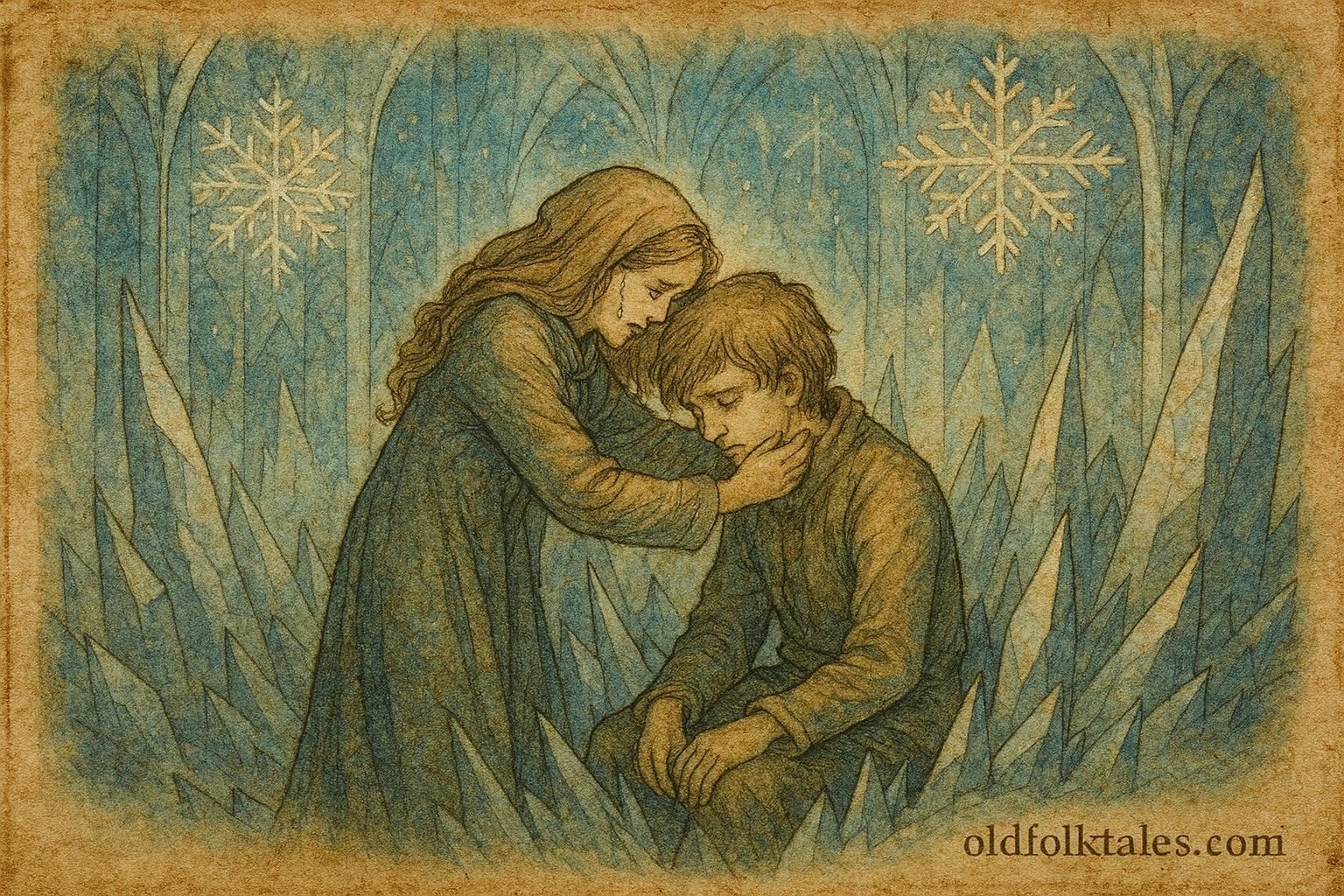 Parchment-style artwork of Gerda rescuing Kay in the Snow Queen’s palace, Danish folktale scene.