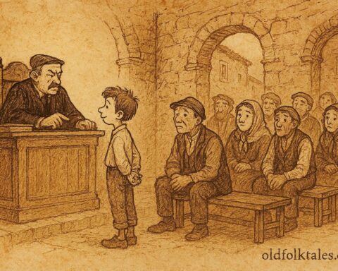 An illustration of Giufà before a Sicilian judge in village court.