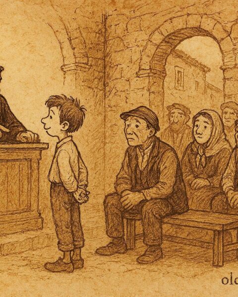An illustration of Giufà before a Sicilian judge in village court.
