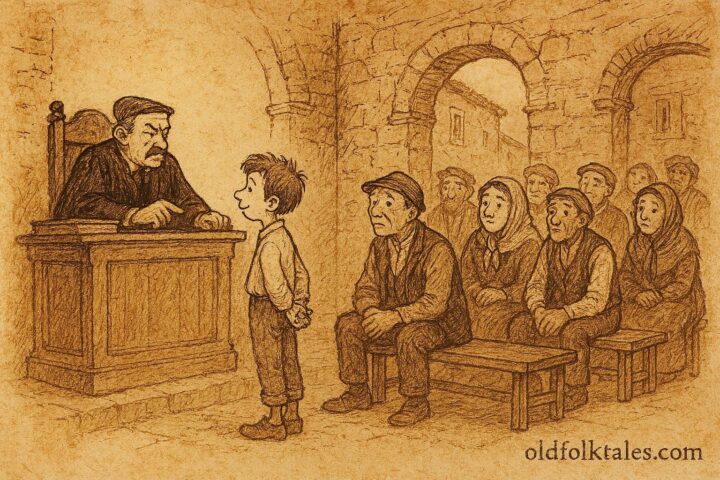 An illustration of Giufà before a Sicilian judge in village court.
