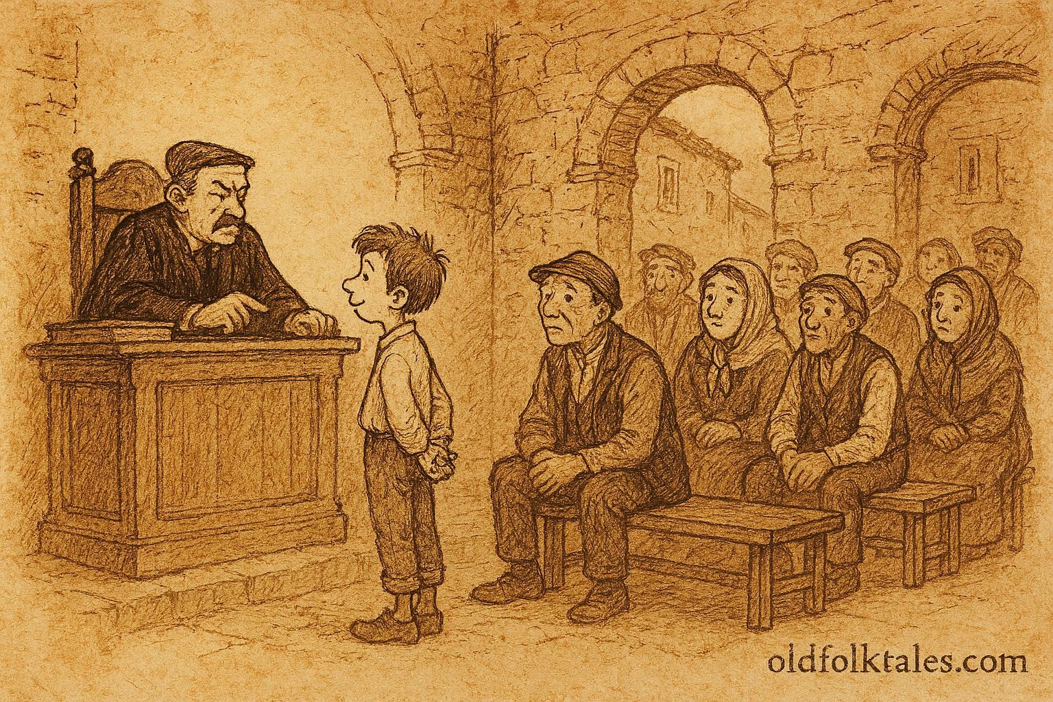 An illustration of Giufà before a Sicilian judge in village court.