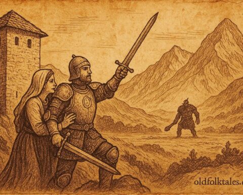 An illustration of Albanian hero Gjergj Elez Alia rising wounded in mountain tower.