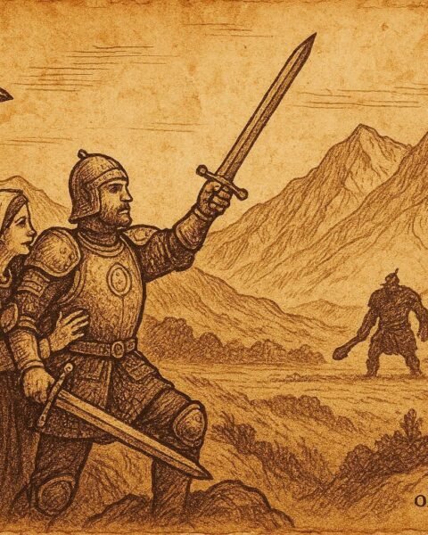 An illustration of Albanian hero Gjergj Elez Alia rising wounded in mountain tower.