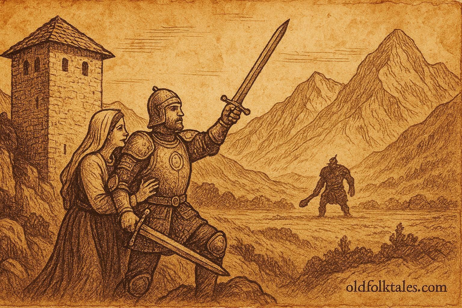 An illustration of Albanian hero Gjergj Elez Alia rising wounded in mountain tower.
