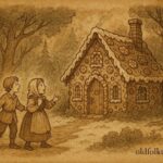 An illustration of Hansel and Gretel discovering the witch’s candy house in a German forest, Grimm folktale scene.