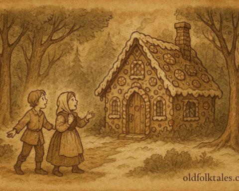 An illustration of Hansel and Gretel discovering the witch’s candy house in a German forest, Grimm folktale scene.