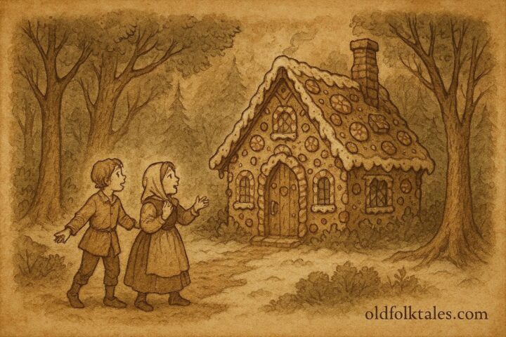An illustration of Hansel and Gretel discovering the witch’s candy house in a German forest, Grimm folktale scene.