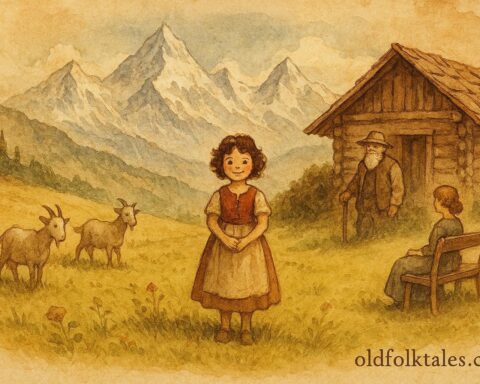 Parchment-style artwork of Heidi in Swiss Alps meadow with goats and mountains.
