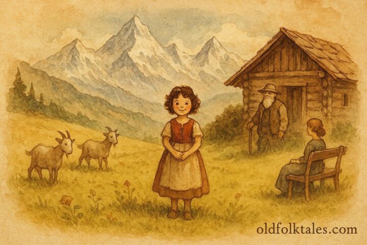 Parchment-style artwork of Heidi in Swiss Alps meadow with goats and mountains.