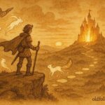 An artwork of Quest approaching glowing fortress guided by magical creatures, Croatian folktale scene.