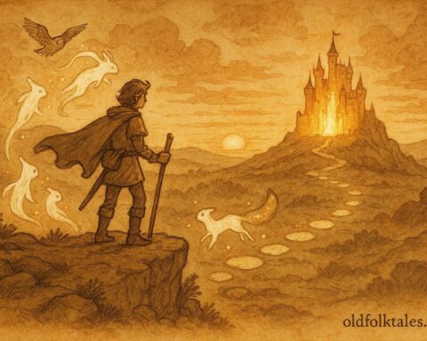 An artwork of Quest approaching glowing fortress guided by magical creatures, Croatian folktale scene.