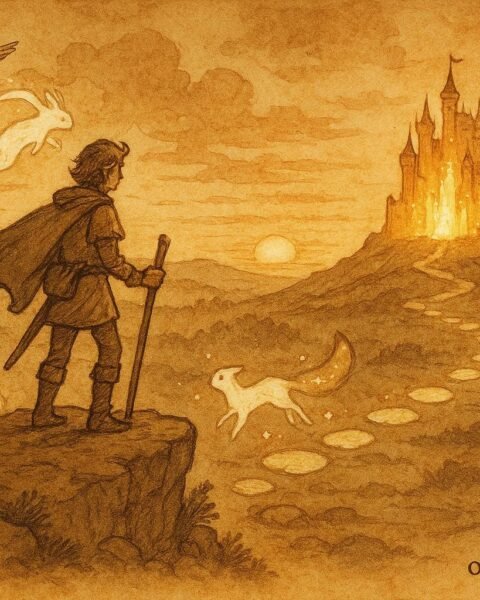 An artwork of Quest approaching glowing fortress guided by magical creatures, Croatian folktale scene.
