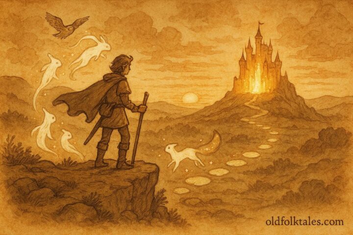 An artwork of Quest approaching glowing fortress guided by magical creatures, Croatian folktale scene.