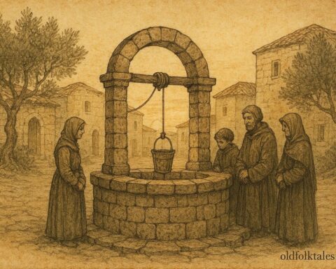 An illustration of a speaking well in a Maltese village square, European folktale scene.
