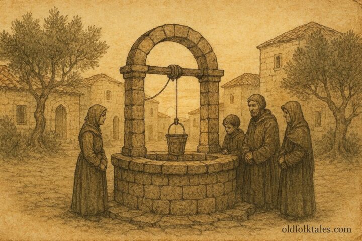 An illustration of a speaking well in a Maltese village square, European folktale scene.