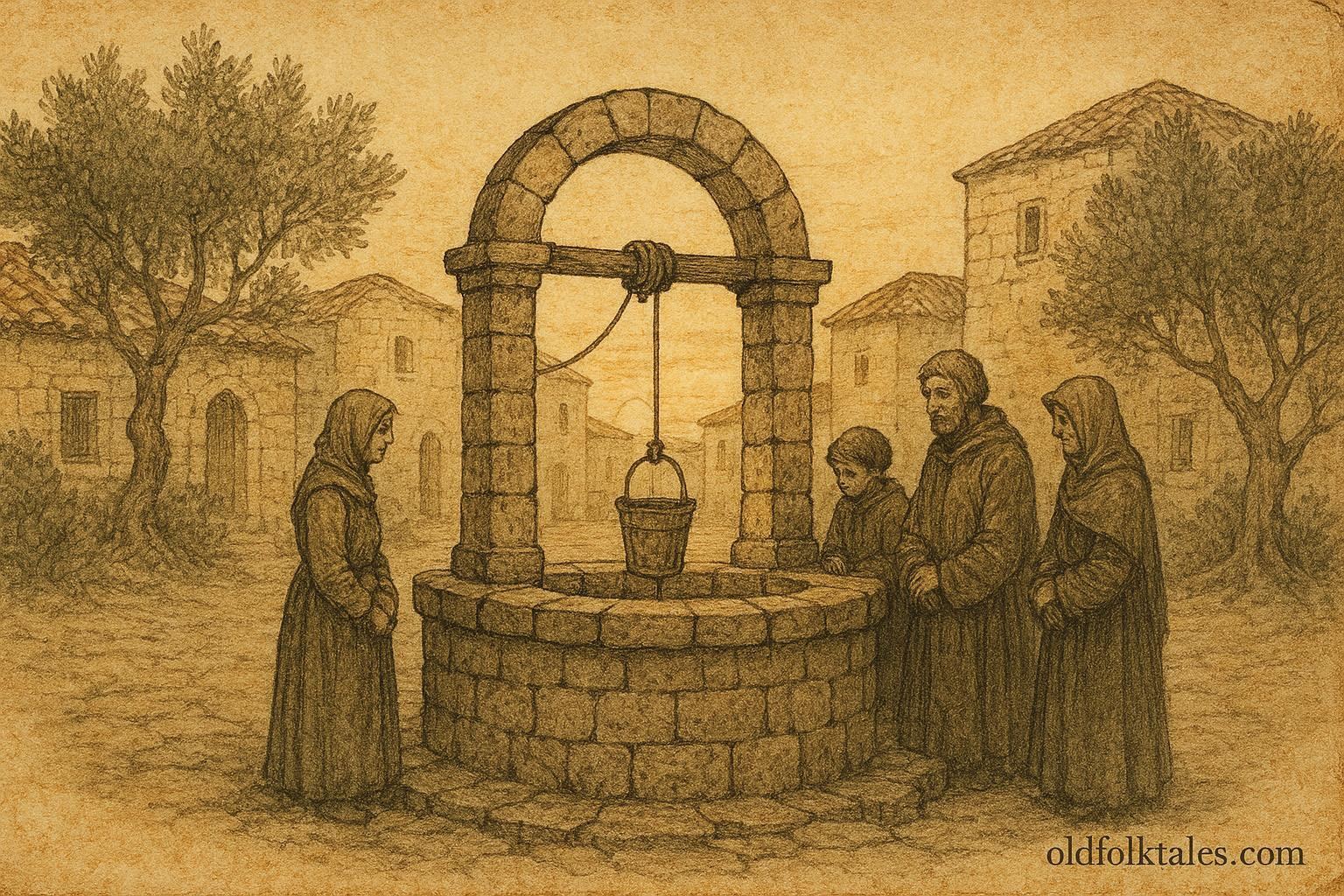 An illustration of a speaking well in a Maltese village square, European folktale scene.