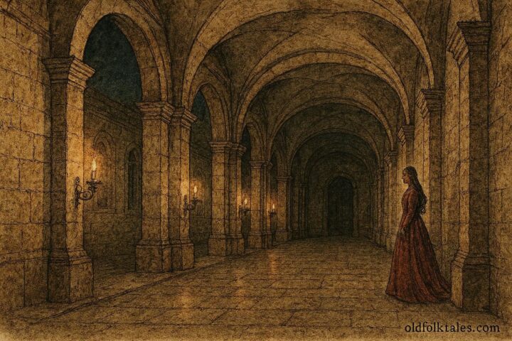 An illustration of red-dressed ghost in Valletta palace corridor, Maltese legend.