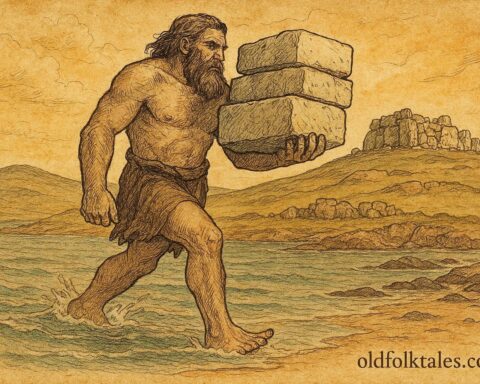 An illustration of the Giant of Gozo carrying stones, Maltese folklore scene.