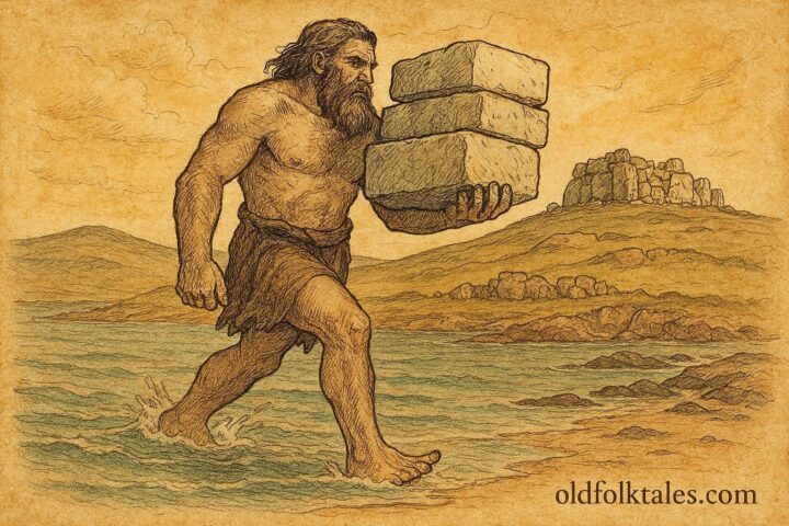 An illustration of the Giant of Gozo carrying stones, Maltese folklore scene.