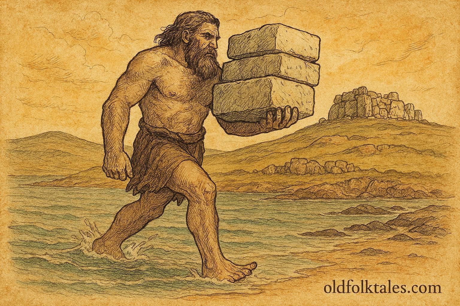 An illustration of the Giant of Gozo carrying stones, Maltese folklore scene.
