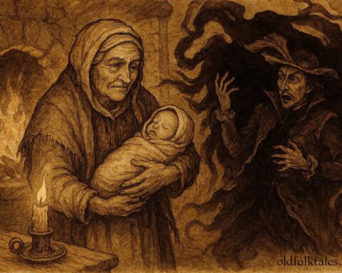 An illustration of a Maltese midwife confronting the Devil during a baptism.