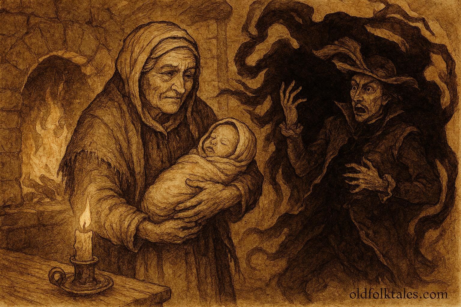 An illustration of a Maltese midwife confronting the Devil during a baptism.