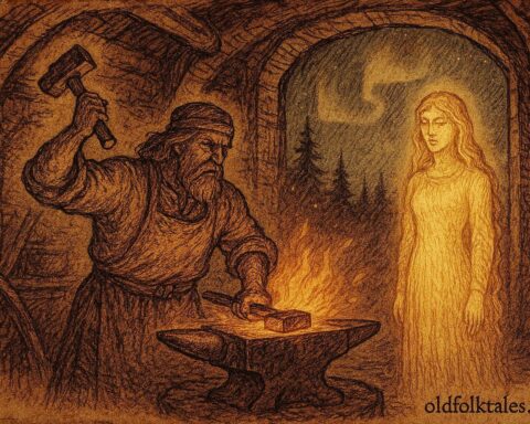 An illustration of Ilmarinen forging golden maiden, Finnish Kalevala scene.