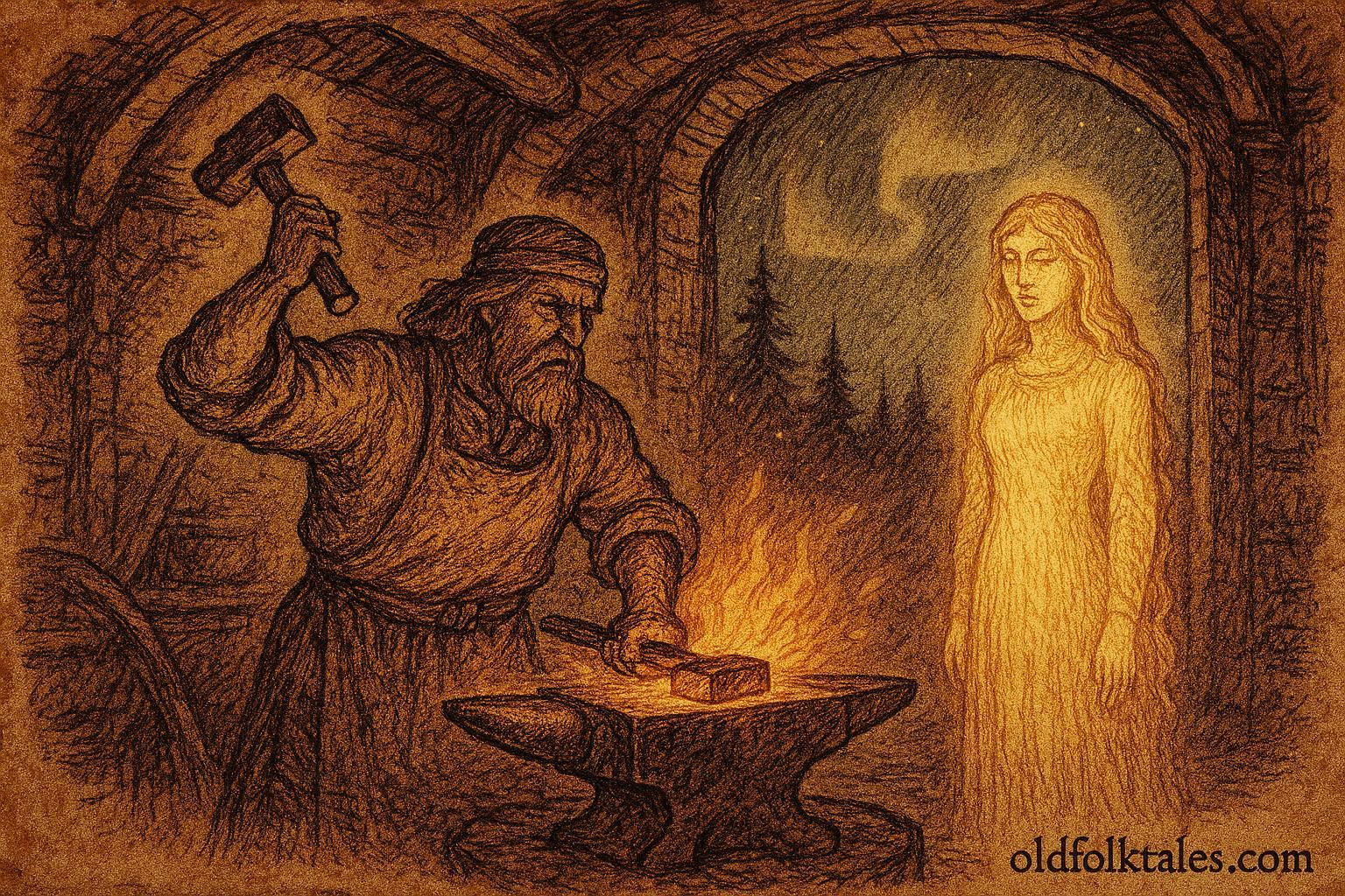 An illustration of Ilmarinen forging golden maiden, Finnish Kalevala scene.