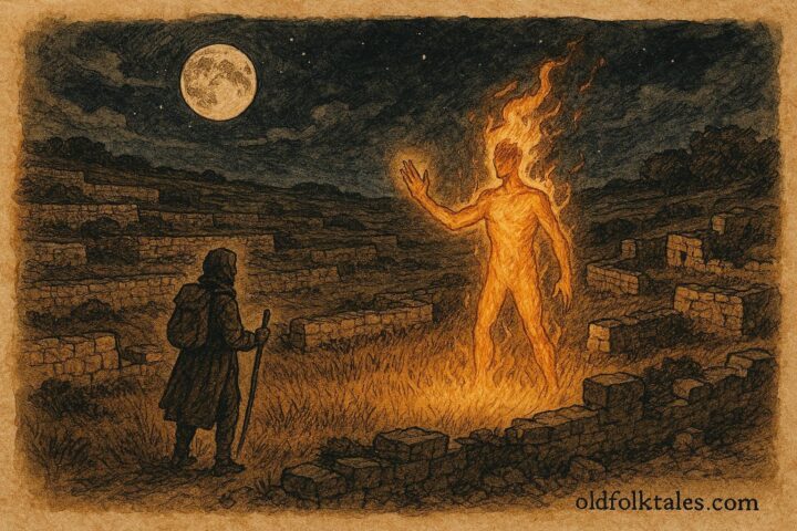 Parchment-style artwork of the Man of Fire guarding cursed farmland, Maltese folktale scene.