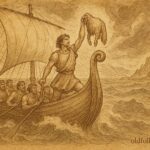 An artwork of Jason holding the Golden Fleece aboard the Argo, Greek myth scene.