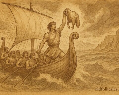 An artwork of Jason holding the Golden Fleece aboard the Argo, Greek myth scene.