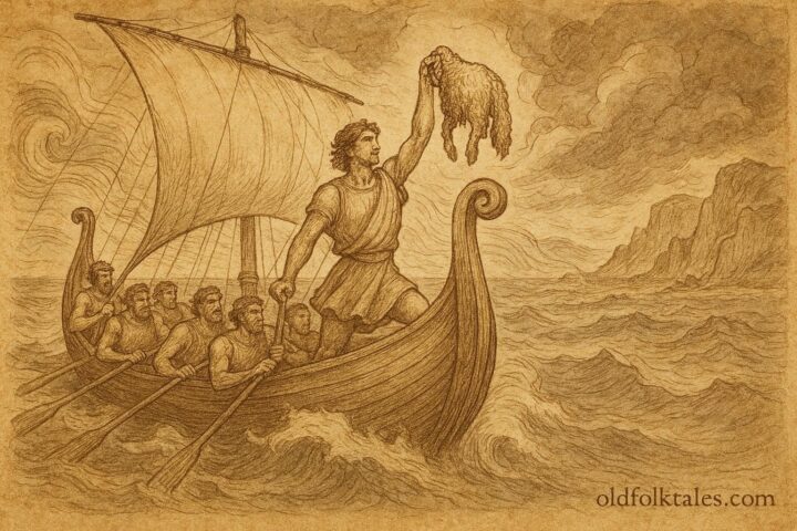 An artwork of Jason holding the Golden Fleece aboard the Argo, Greek myth scene.