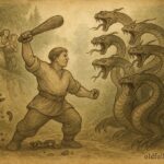 Parchment-style artwork of Kotygoroshko battling a serpent in a Ukrainian folktale scene.