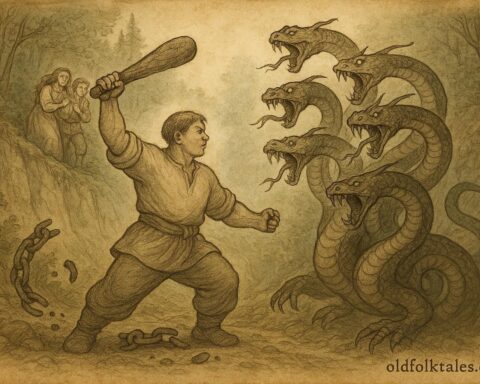 Parchment-style artwork of Kotygoroshko battling a serpent in a Ukrainian folktale scene.