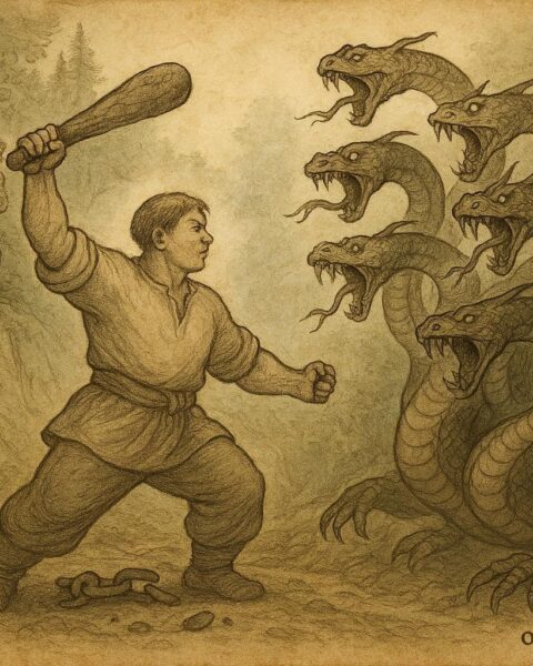 Parchment-style artwork of Kotygoroshko battling a serpent in a Ukrainian folktale scene.