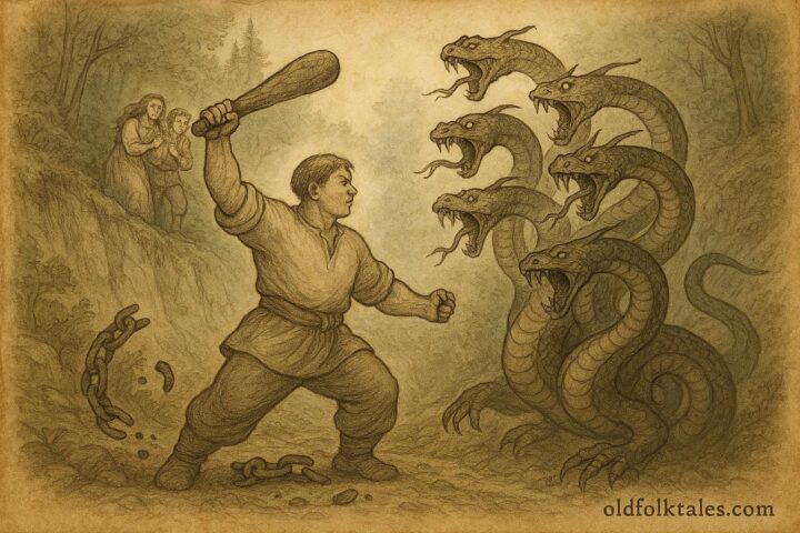 Parchment-style artwork of Kotygoroshko battling a serpent in a Ukrainian folktale scene.