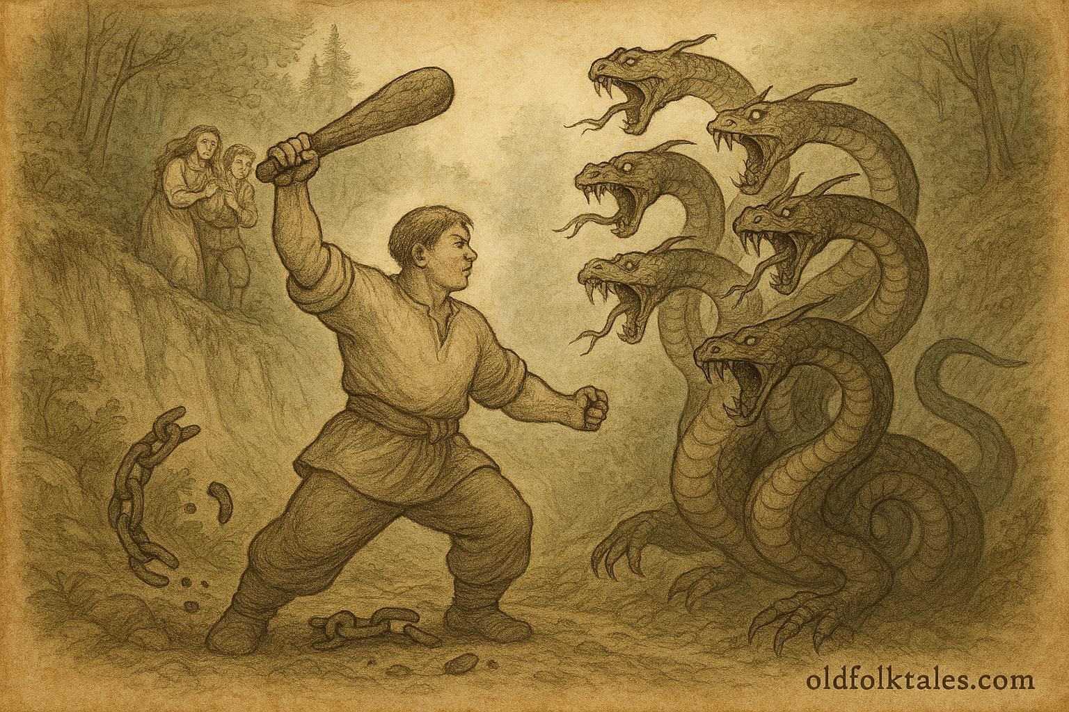 Parchment-style artwork of Kotygoroshko battling a serpent in a Ukrainian folktale scene.