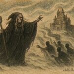 Parchment-style illustration of Louhi, ruler of Pohjola from Finnish folklore.